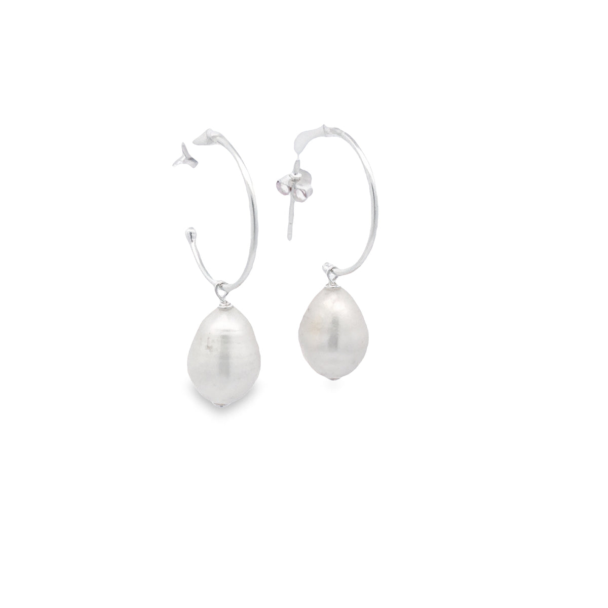 Sterling Silver Baroque Teardrop White Pearl On Stud Hoops