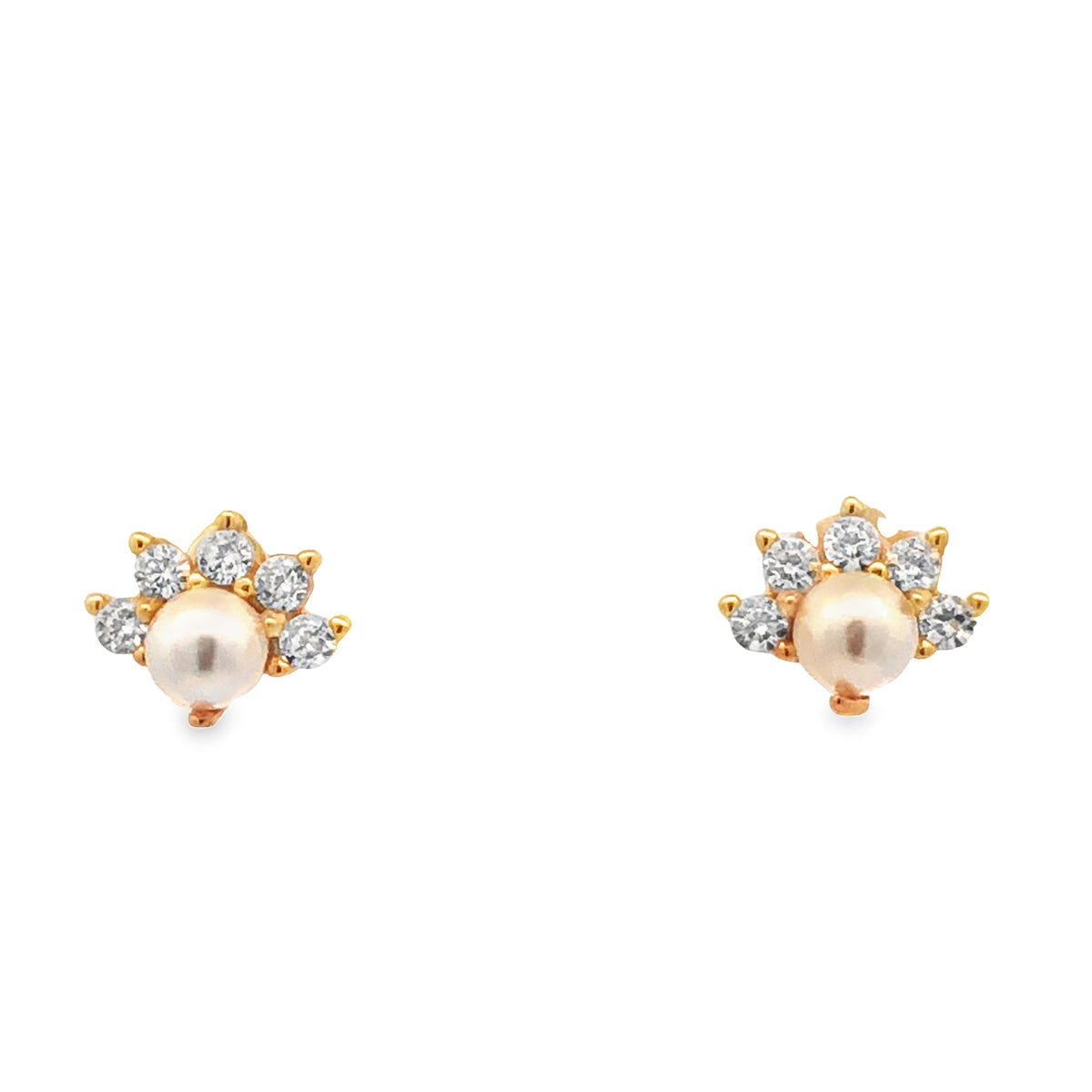 Lustra Sterling Silver Yellow Gold Plated White Shell Pearl And Cz Set Studs