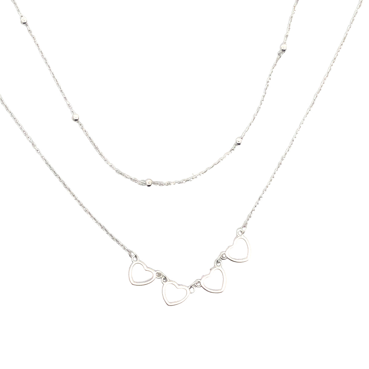 Onatah Sterling Silver Layered Necklace Featuring Hearts With Faceted Trace And Ball Chain. 40Cm With 5Cm Ext