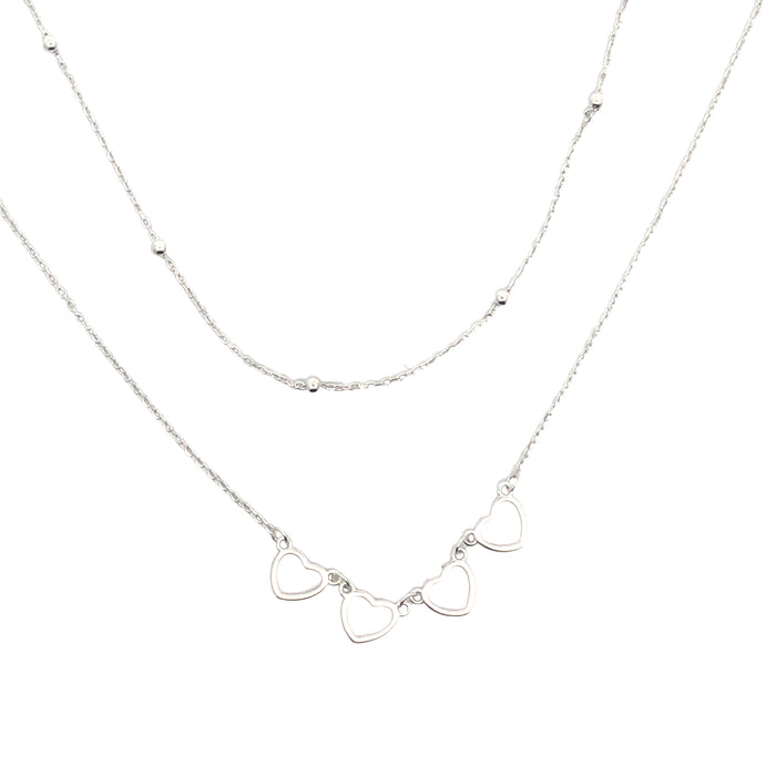 Onatah Sterling Silver Layered Necklace Featuring Hearts With Faceted Trace And Ball Chain. 40Cm With 5Cm Ext