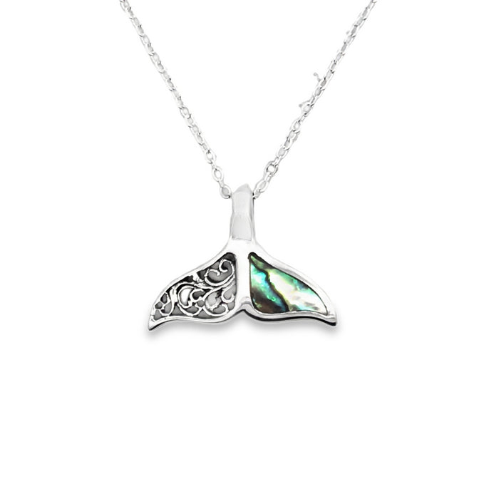 Onatah Sterling Silver Large Whaletail Pendant Set With Paua And Filigree