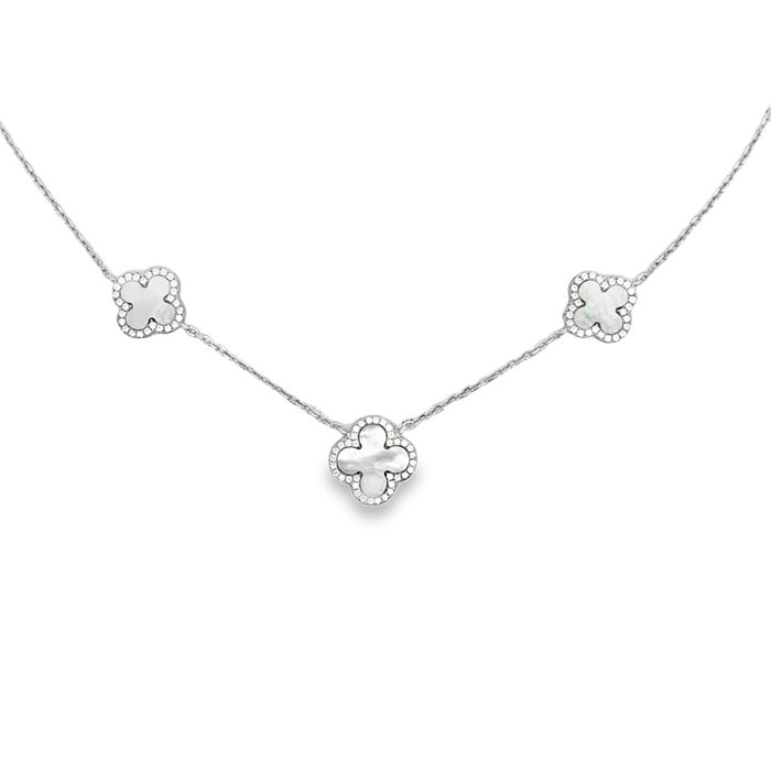 Lustra Sterling Silver Rhodium Plated 3 X Four Leaf Mother Of Pearl And Cz Set Pendant With S/S Rh Plated Chain 40Cm With 3 Cm Ext