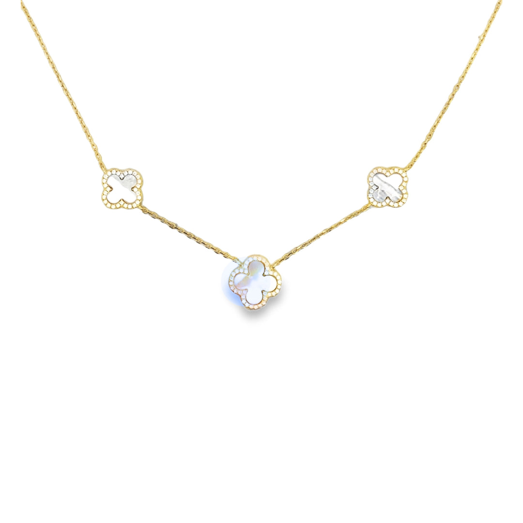 Lustra Sterling Silver Yellow Gold Plated 3 X Four Leaf Mother Of Pearl And Cz Set Pendant With S/S Yg Plated Chain 40Cm With 3 Cm Ext