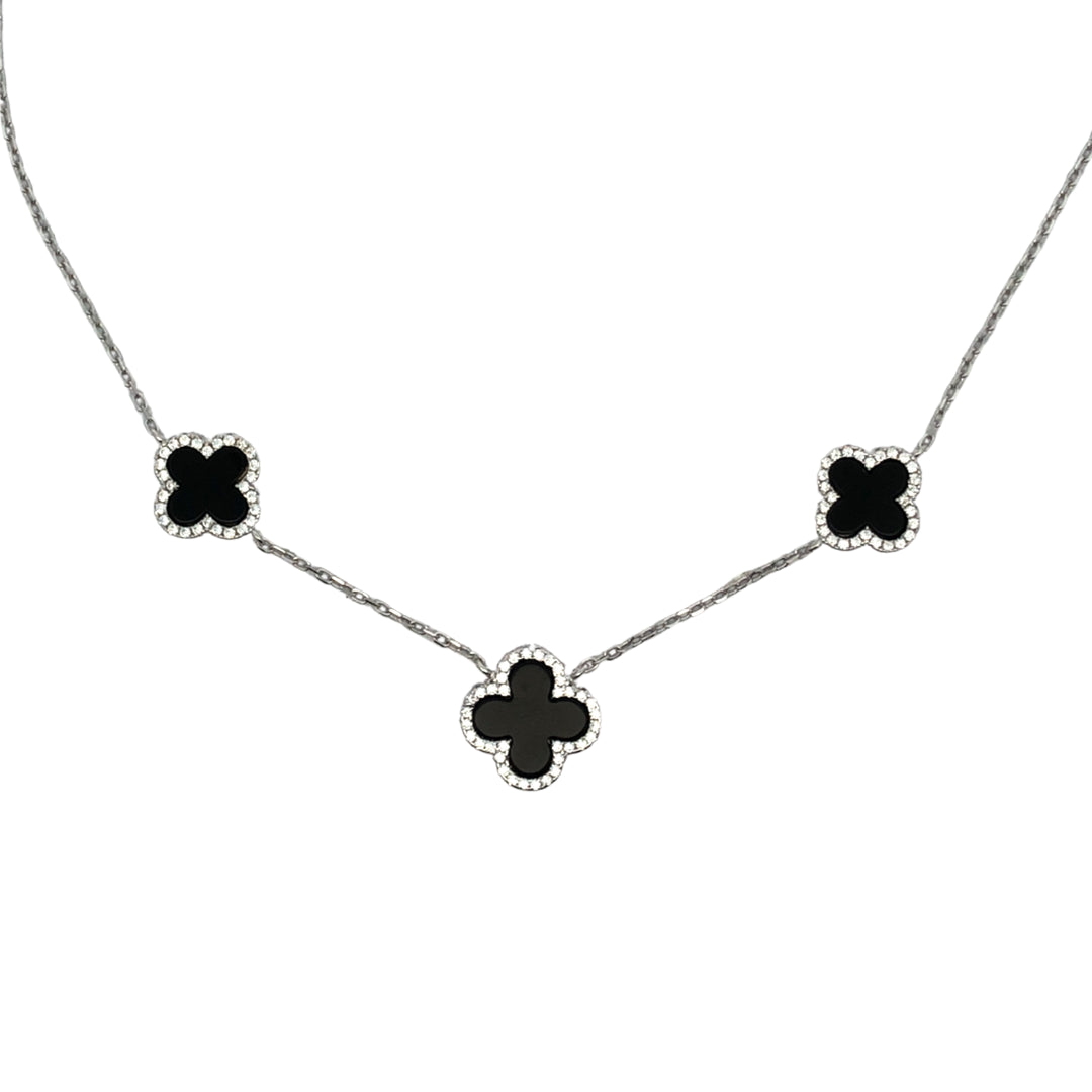 Lustra Sterling Silver Rhodium Plated 3 X Four Leaf Onyx And Cz Set Pendant With S/S Rh Plated Chain 40Cm With 3 Cm Ext