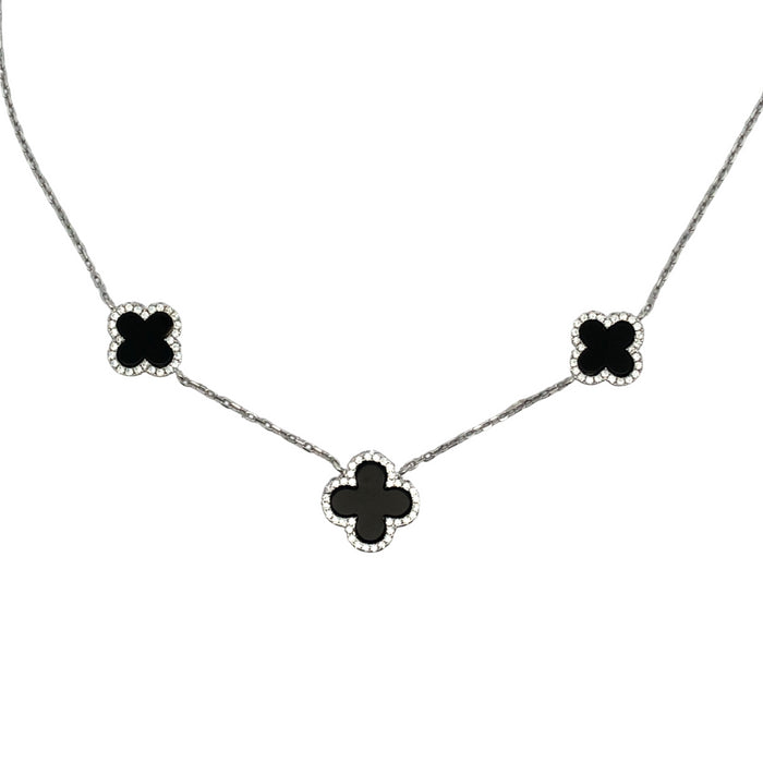 Lustra Sterling Silver Rhodium Plated 3 X Four Leaf Onyx And Cz Set Pendant With S/S Rh Plated Chain 40Cm With 3 Cm Ext