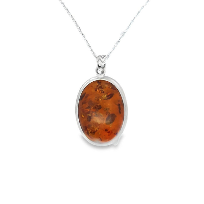 Onatah Sterling Silver Oval Bezel Set Amber Pendant With Silver Plated Display Chain 45Cms 28Mm X 20Mm
