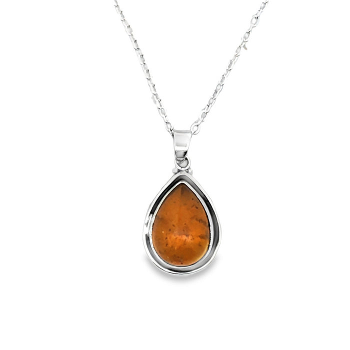 Onatah Sterling Silver Pear Shaped Bezel Set Amber Pendant With Silver Plated Display Chain 45Cms 20Mm X 14Mm