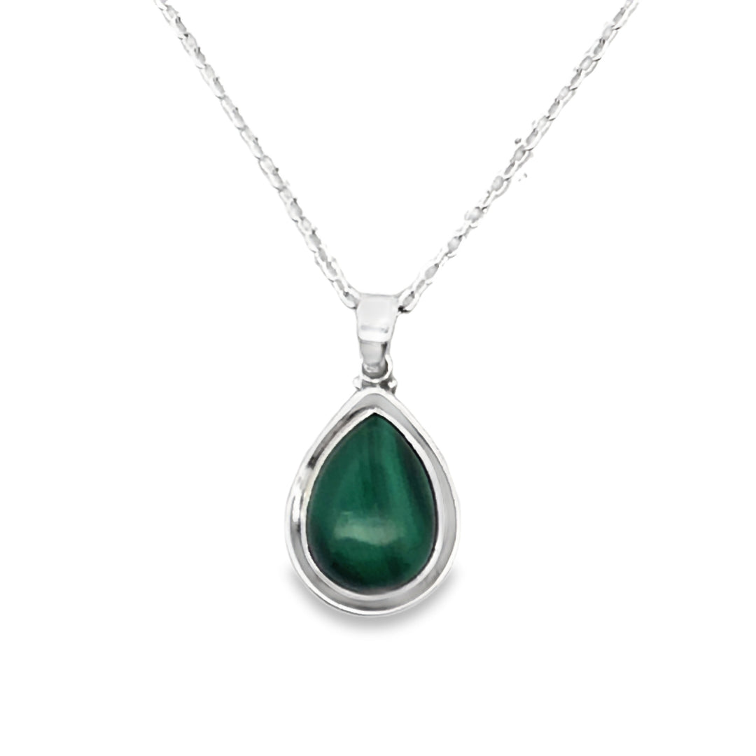Onatah Sterling Silver Pear Shaped Bezel Set Malachite Pendant With Silver Plated Display Chain 45Cms 20Mm X 14Mm
