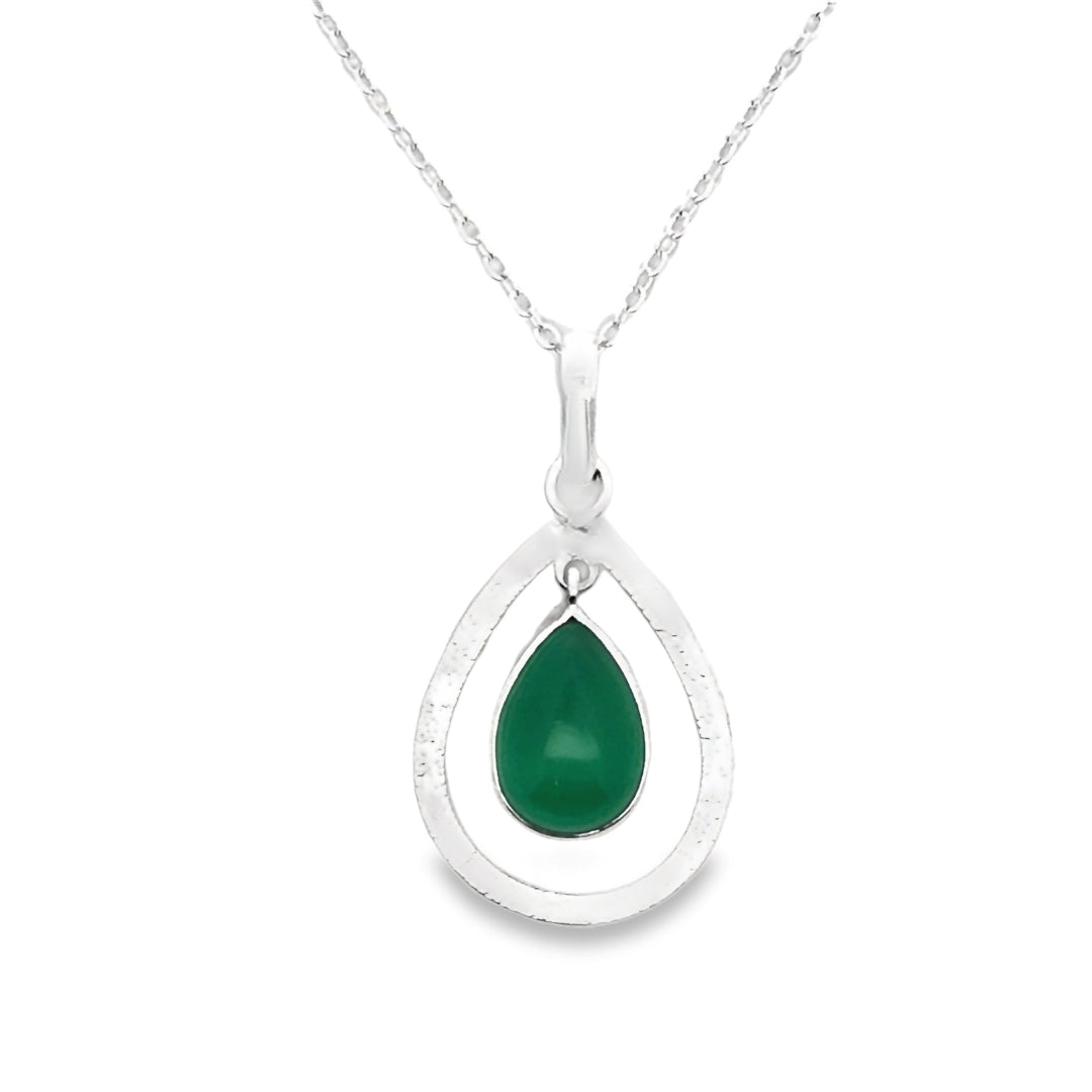 Sterling Silver Open Pear Shape Matt Finished Dyed Green Chalcedony Drop Pendant