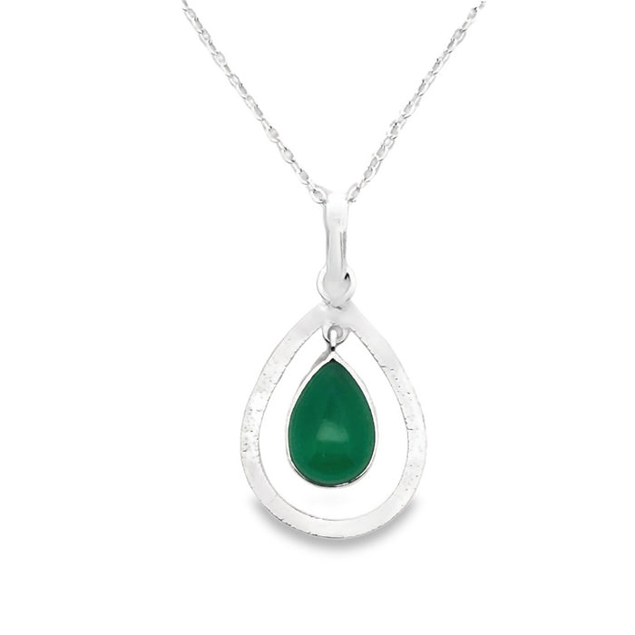 Sterling Silver Open Pear Shape Matt Finished Dyed Green Chalcedony Drop Pendant