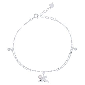 Onatah Sterling Silver Paper Link And Faceted Trace Chain Bracelet With Whale Tail, Pearl And Cz. 17Cm With 3 Cm Ext