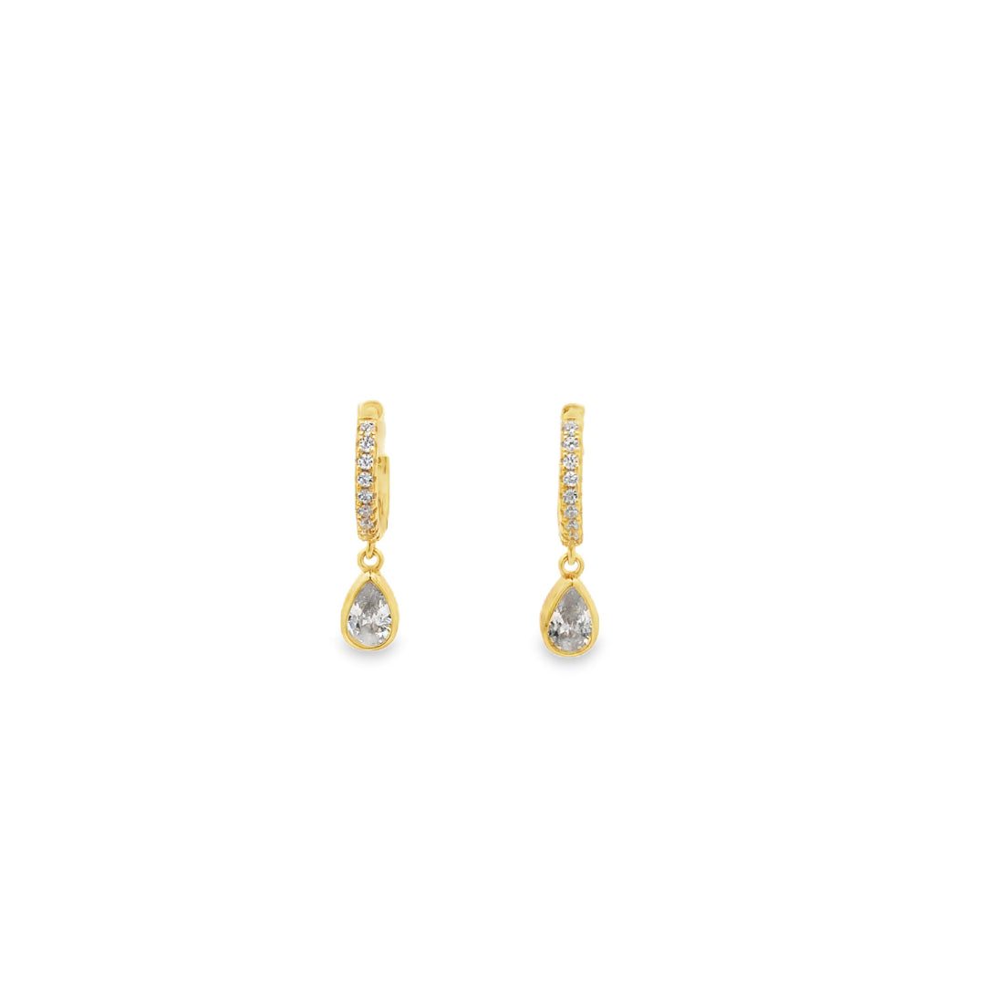 Gold Plated Silver Cz Set Round Huggie With Pear Shaped Drop Cz Earrings