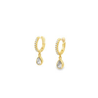 Gold Plated Silver Cz Set Round Huggie With Pear Shaped Drop Cz Earrings