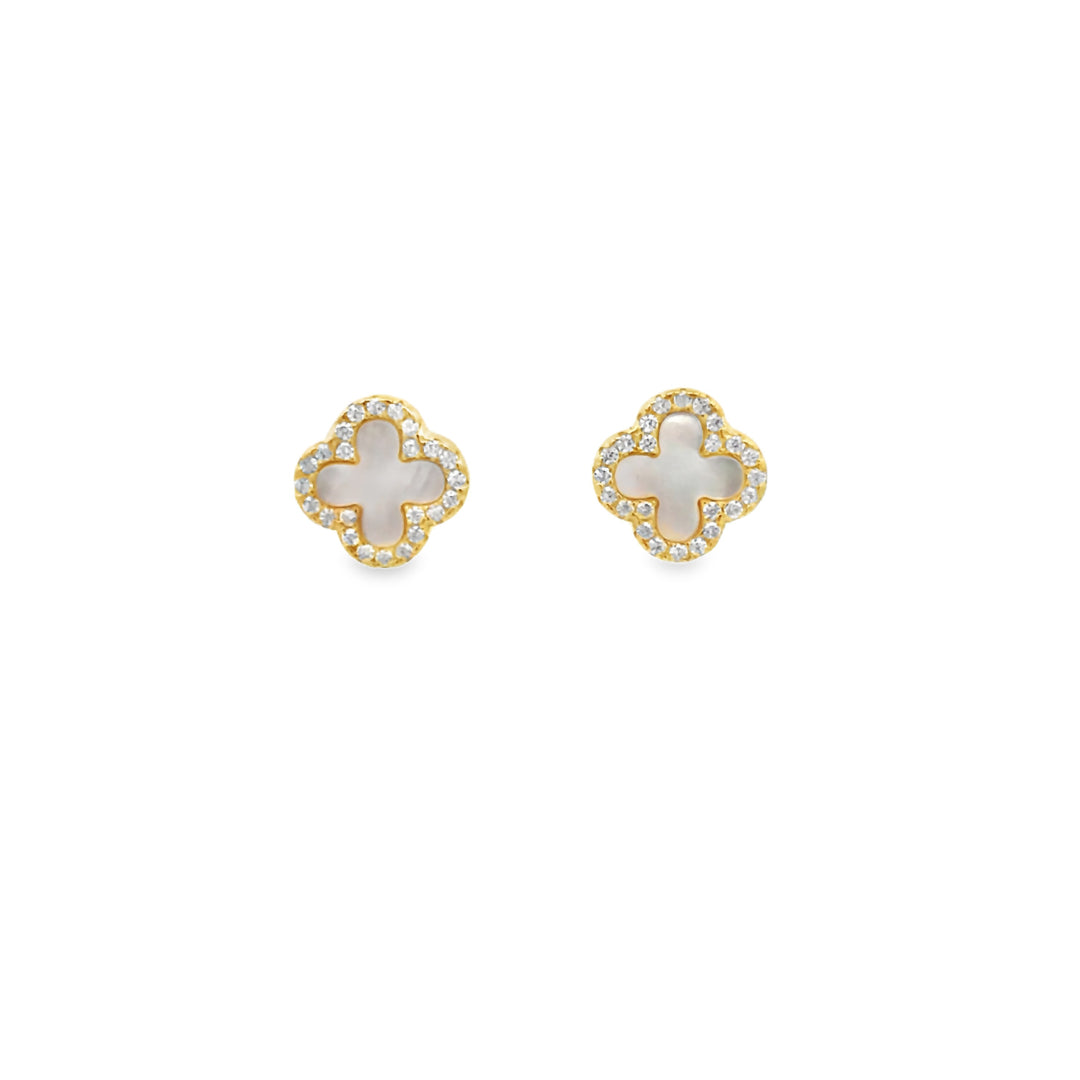 Lustra Sterling Silver Yellow Gold Plated Cz Set Four Leaf Clover Stud Earrings Set With Mother Of Pearl