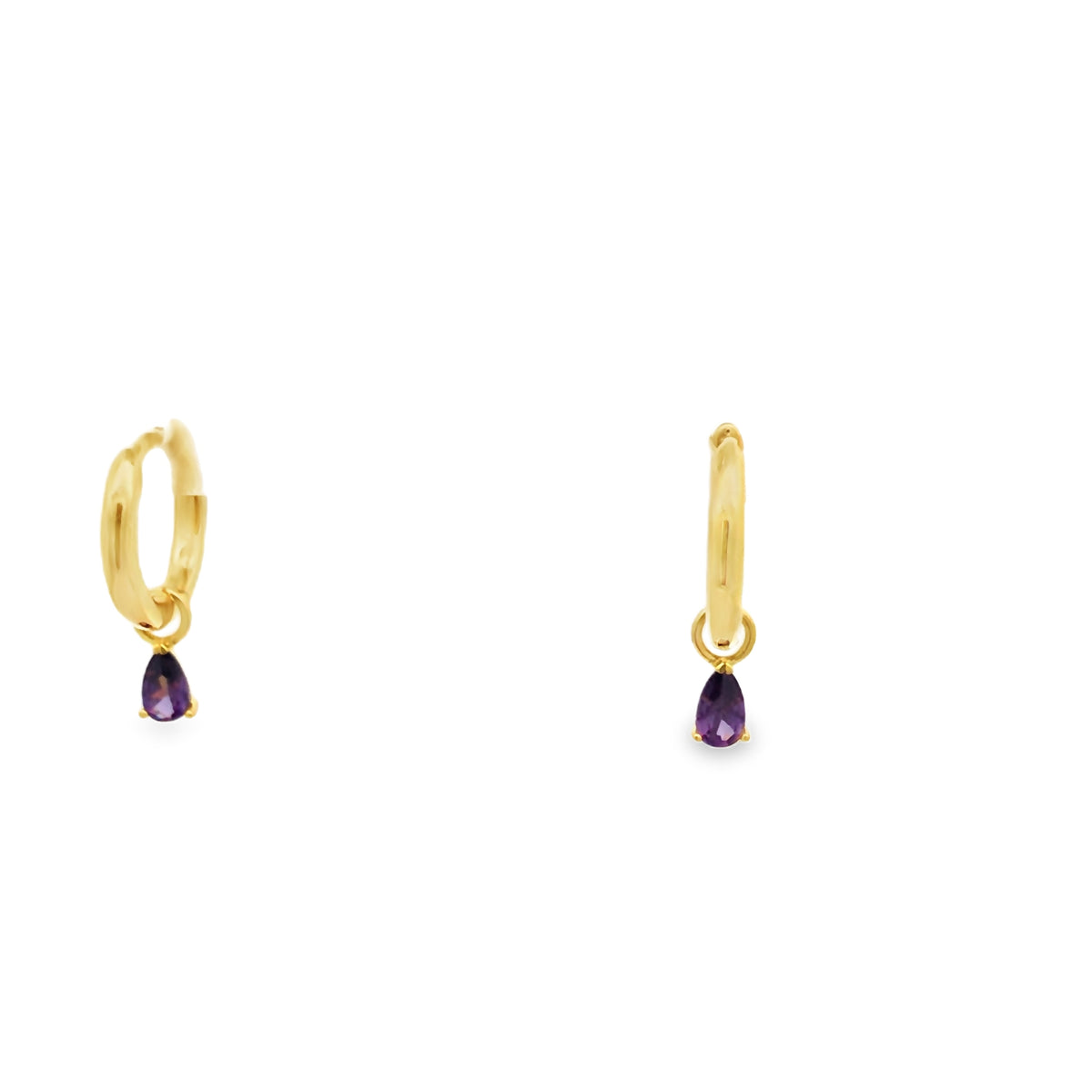 Lustra Sterling Silver Yellow Gold Plated Huggie Hoops With Detachable Pear Shaped Purple Cz Dangle