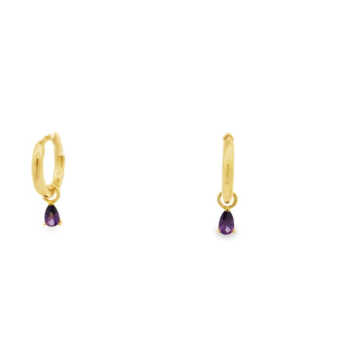 Lustra Sterling Silver Yellow Gold Plated Huggie Hoops With Detachable Pear Shaped Purple Cz Dangle