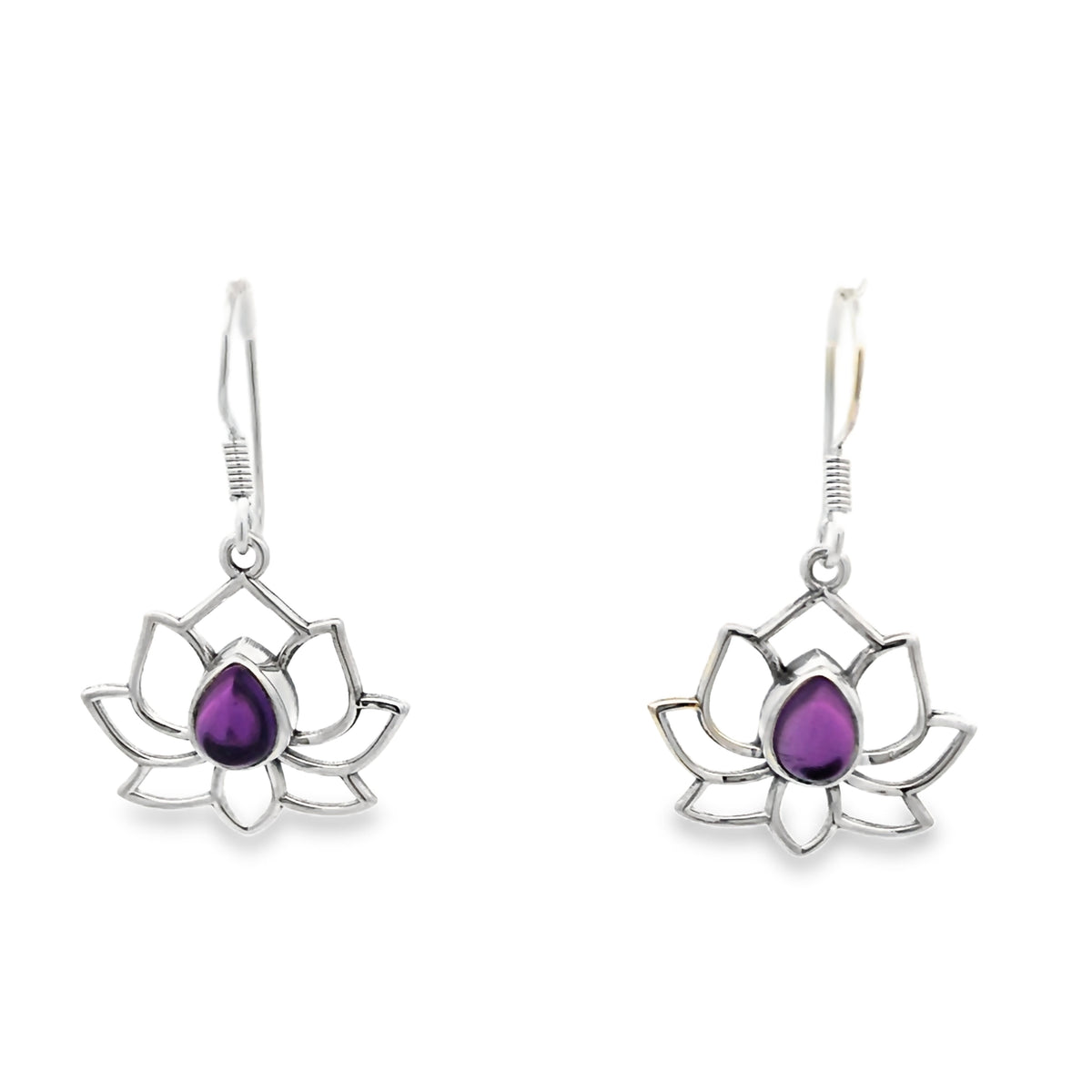 Onatah Sterling Silver Lotus Bezel Set Amethyst Earrings With Shephooks