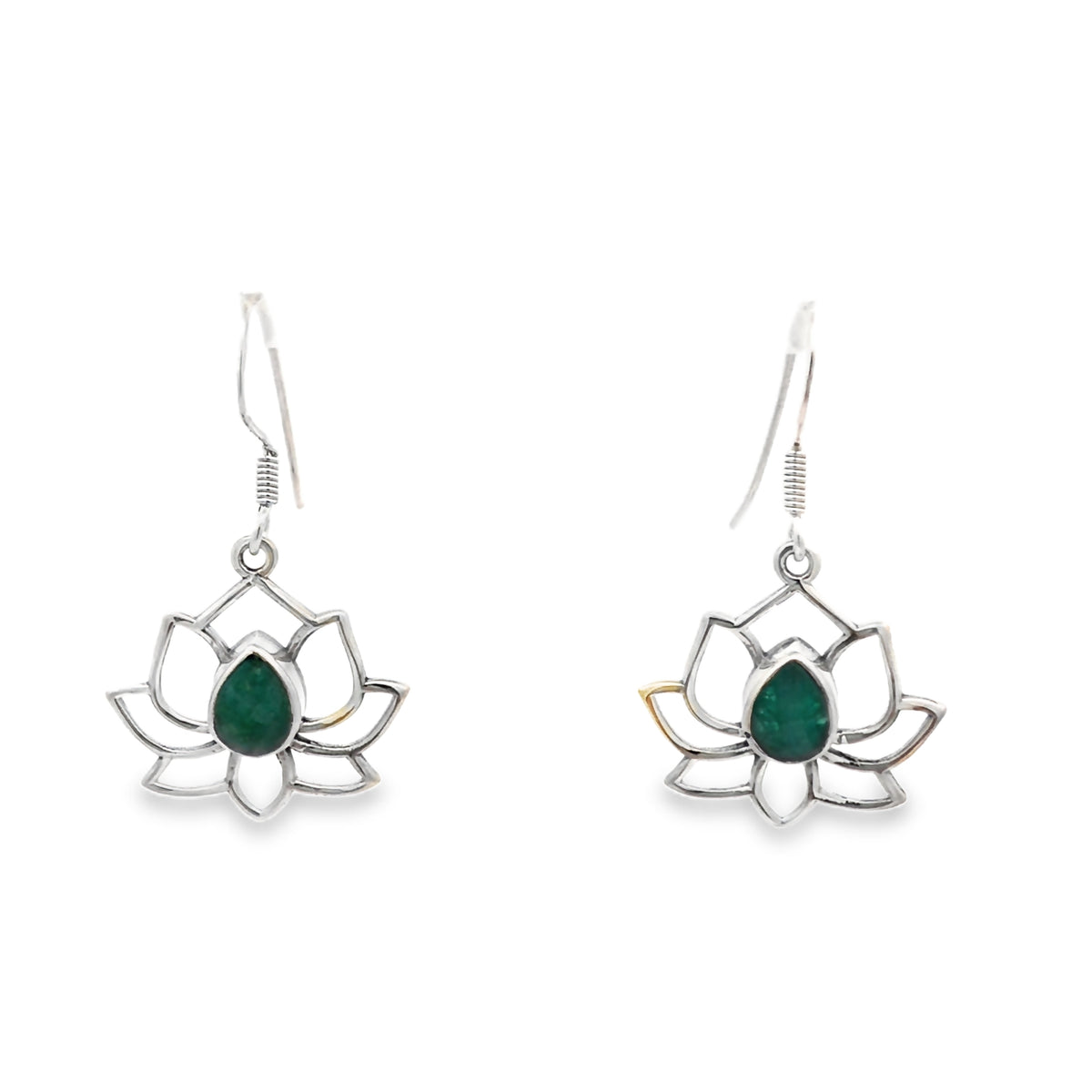Onatah Sterling Silver Lotus Bezel Set Treated Emerald Earrings With Shephooks