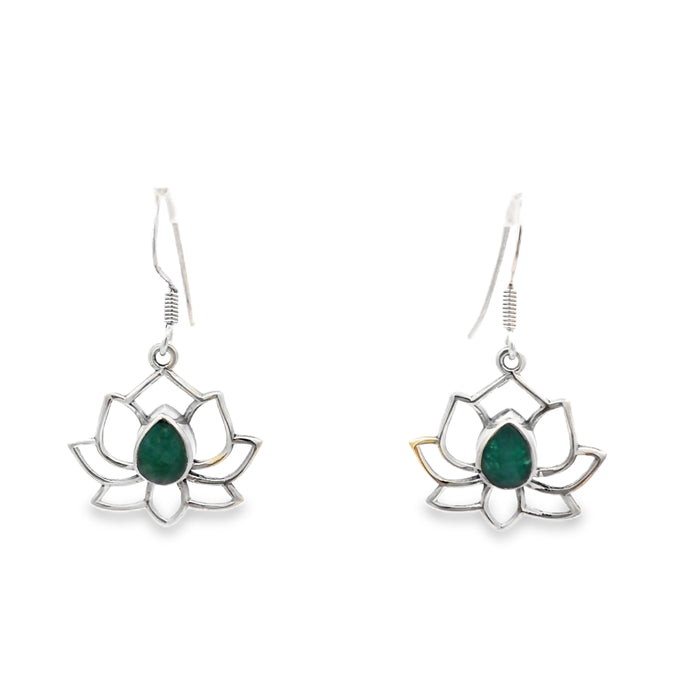 Onatah Sterling Silver Lotus Bezel Set Treated Emerald Earrings With Shephooks