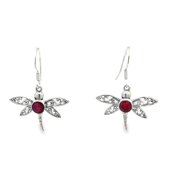 Onatah Sterling Silver Dragonfly Bezel Set Treated Ruby Earrings With Shephooks