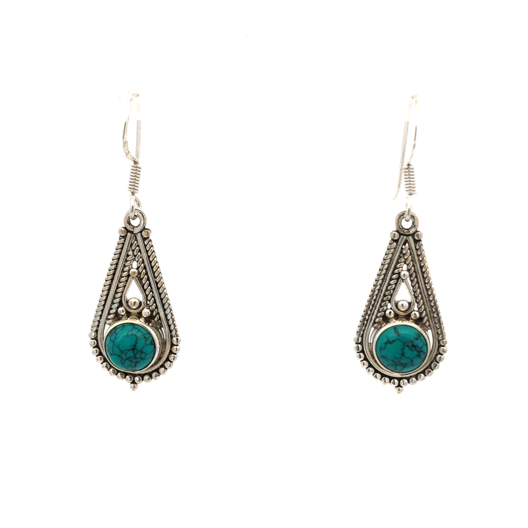 Onatah Sterling Silver Filigree Drop Bezel Set Turquoise Earrings With Shephooks
