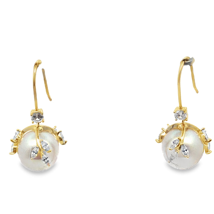 Lustra Sterling Silver Gold Plated Shell Pearl Cz Set Drop Earrings With Shephooks