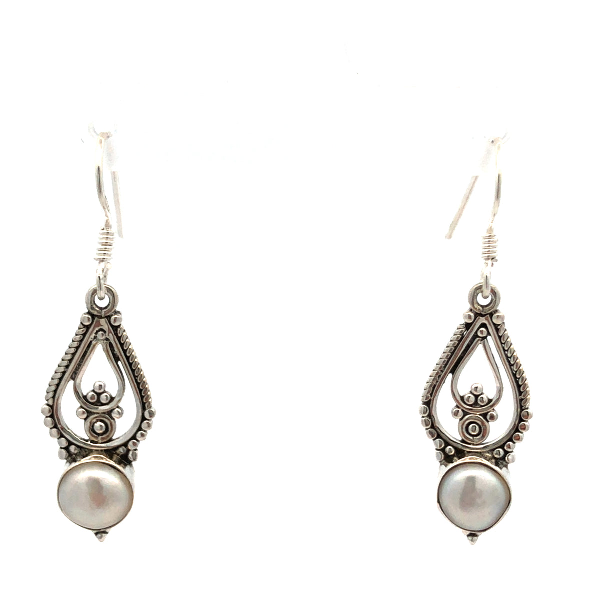 Onatah Sterling Silver Filigree Drop Bezel Set Freshwater Pearl Earrings With Shephooks