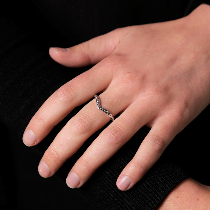 Silver Oxidised Ball V Ring - Stacker Ring