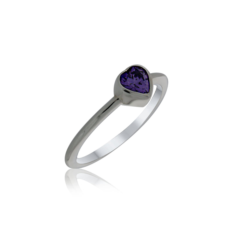 Silver Heart Purple CZ Ring