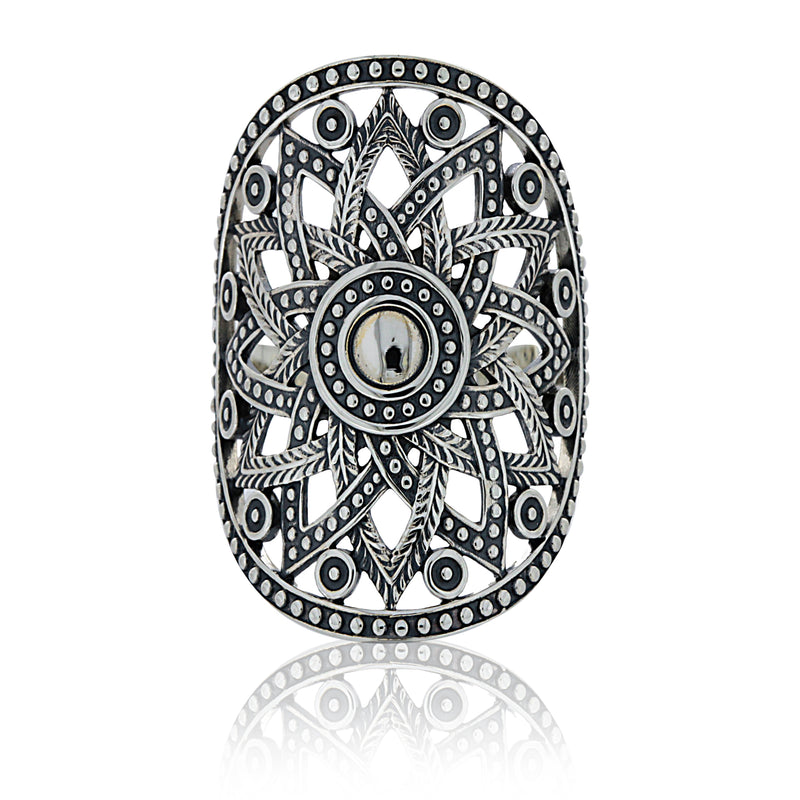 Silver Oval Large Aztec Pattern Ring