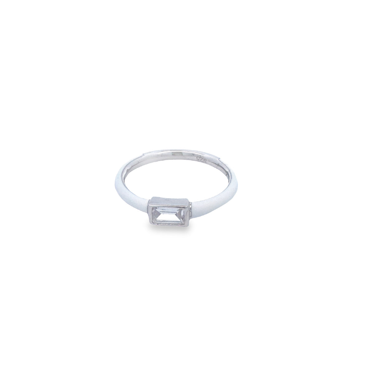 Onatah Sterling Silver Rhodium Plated White Enamel Emerald Shape Cz Ring Size 6/L