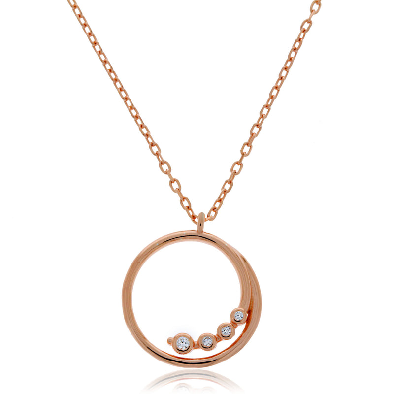 Rose Gold Plated Swirl Open Circle With Bezel Set Cz Pendant