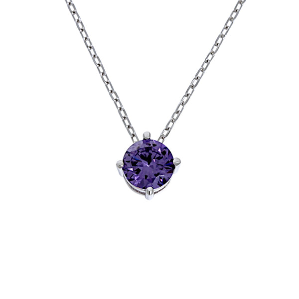 Olivia Sterling Silver Rhodium Plated Round Purple Cz Claw Set Pendant With Sterling Silver Chain