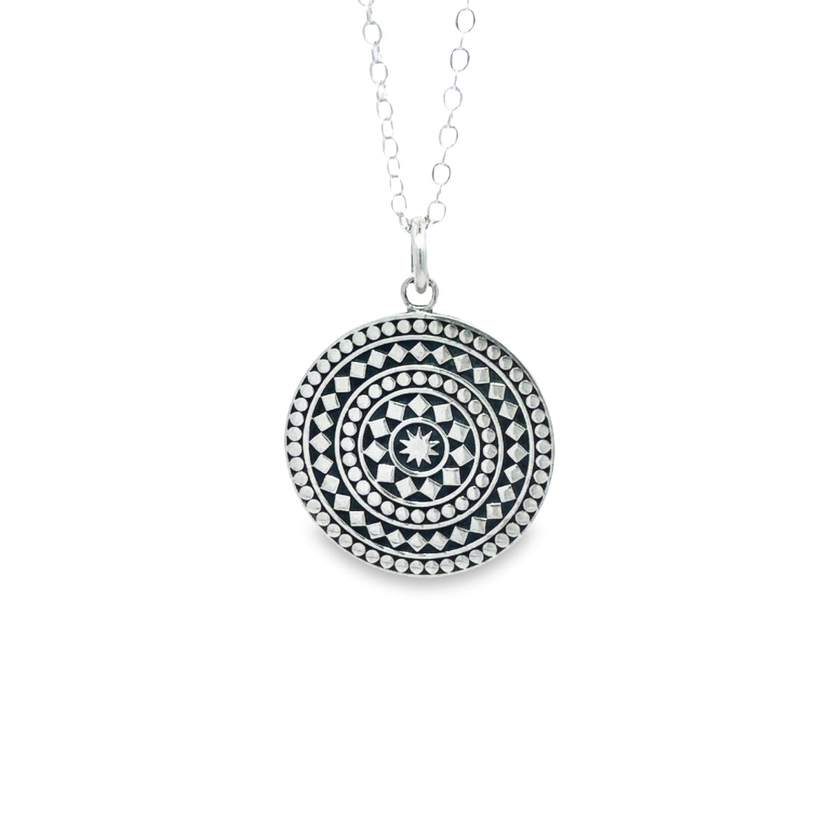 Onatah Sterling Silver Ball Detail And Oxidised Circle Disc Pendant