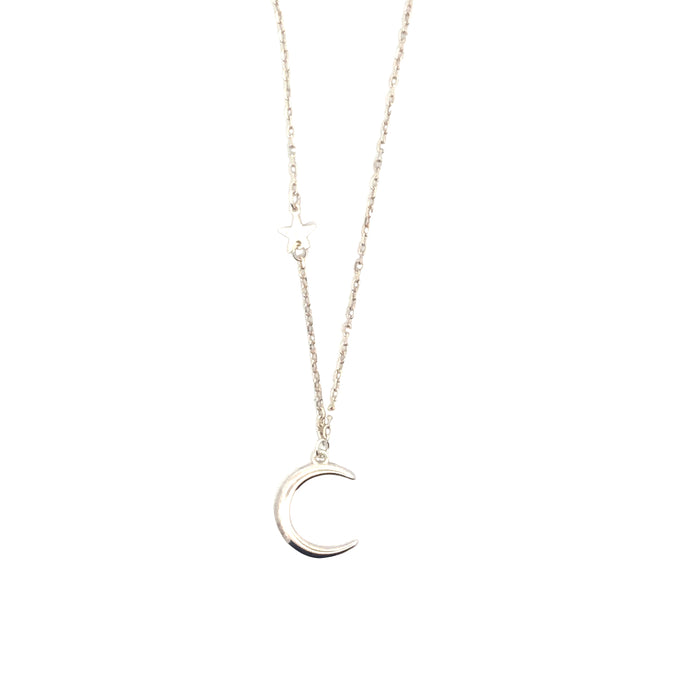 Onatah Sterling Silver Crescent Moon With Star Pendant On A Diamond Cut Trace Chain 40Cm Plus 5 Cm Extension