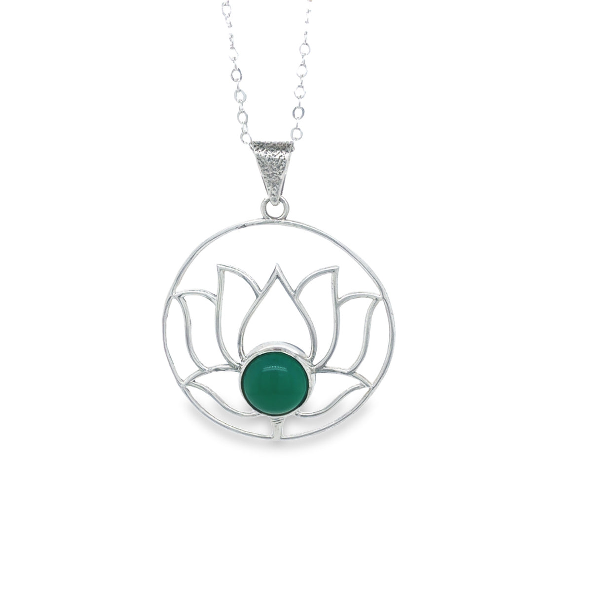 Circle Lotus Flower Bezel Set Dyed Green Chalcedony Pendant
