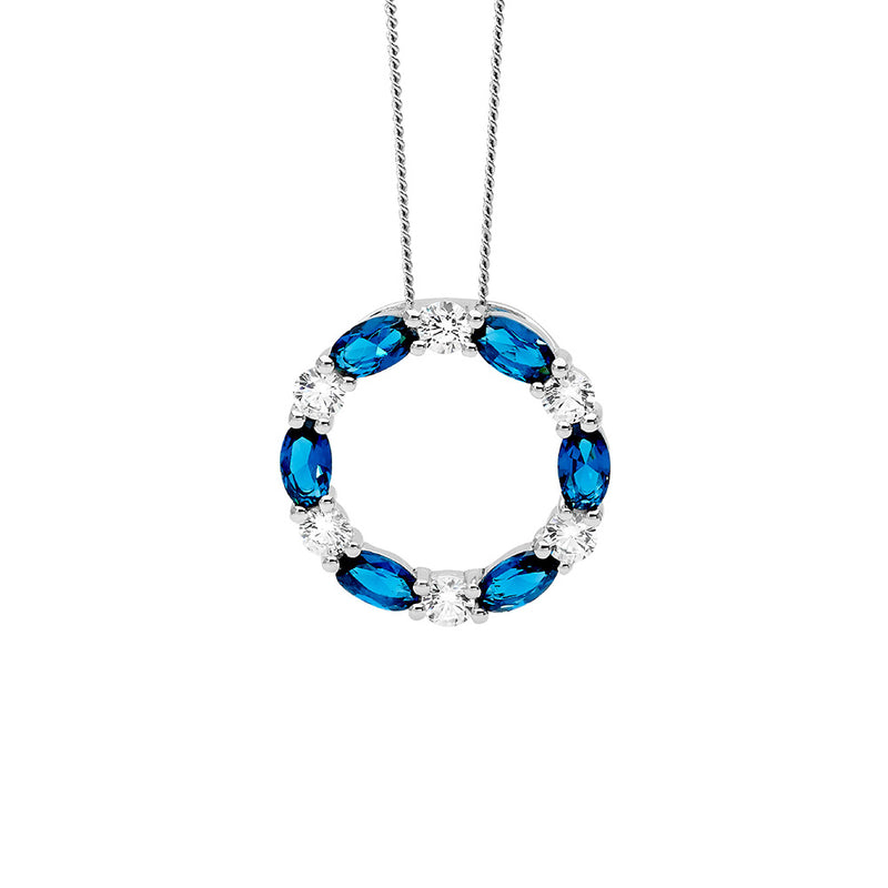 Sterling Silver Blue And White Cz Circle Pendant With Chain
