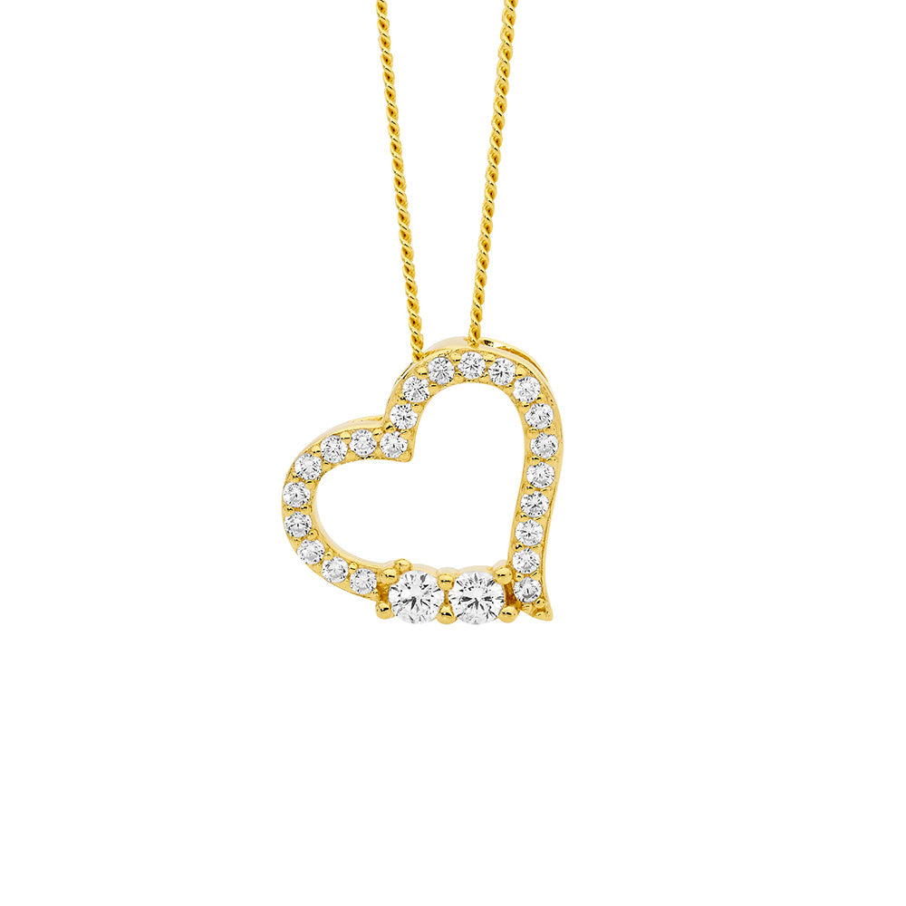 Sterling Silver Gold Plated White Cz Heart Shaped Slider Pendant With Chain