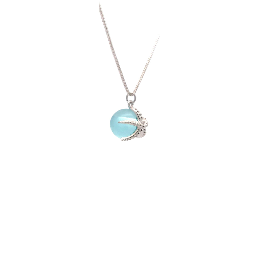 Onatah Sterling Silver Aqua Ball With Starfish Pendant And Sterling Silver Box Chain