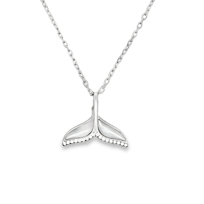 Lustra Sterling Silver Rhodium Plated Mother Of Pearl And Cz Set Whale Tail Pendant With S/S Rh Plated Chain 40Cm With 3 Cm Ext