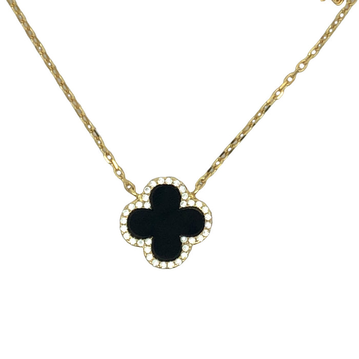 Lustra Sterling Silver Yellow Gold Plated Four Leaf Onyx And Cz Set Pendant With S/S Yg Plated Chain 40Cm With 3 Cm Ext