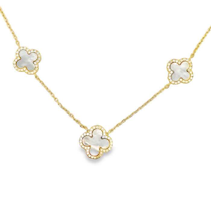 Lustra Sterling Silver Yellow Gold Plated 3 X Four Leaf Mother Of Pearl And Cz Set Pendant With S/S Yg Plated Chain 40Cm With 3 Cm Ext