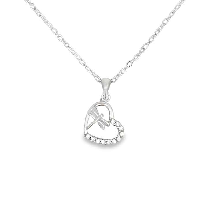 Lustra Sterling Silver Rhodium Plated Cz Set Dragonfly And Heart Pendant