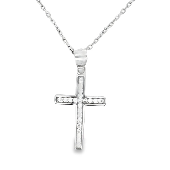 Lustra Sterling Silver Rhodium Plated Cross Set Cz Pendant On A Sterling Silver Trace Chain + 5Cm Ext