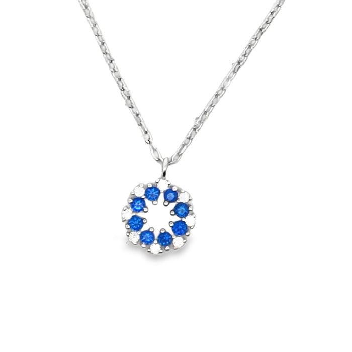 Lustra Sterling Silver Rhodium Plated Circle Set With Blue And White Cz Claw Set Pendant With Rhodium Plated Sterling Silver Chain