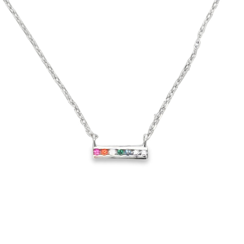 Lustra Sterling Silver Rhodium Plated Rainbow Cz Set Bar Pendant With Chain