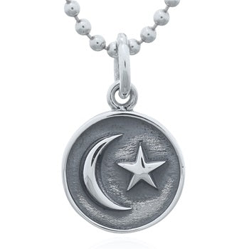 Onatah Sterling Silver Moon And Star Oxidised Disc Pendant