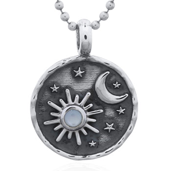 Onatah Sterling Silver Moon And Star Oxidised Disc Pendant Set With Mother Of Pearl