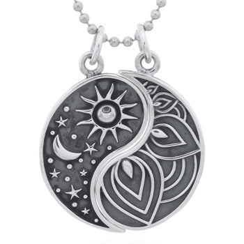 Onatah Sterling Silver Yin Yang Split Oxidised Disc Pendant Featuring Sun And Moon And Mandala