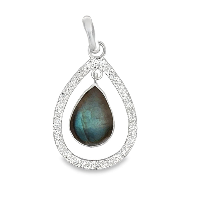 Sterling Silver Open Pear Shape Matt Finished Labradorite Drop Pendant